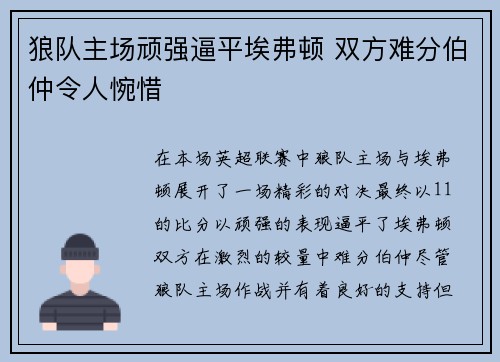 狼队主场顽强逼平埃弗顿 双方难分伯仲令人惋惜