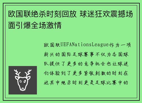 欧国联绝杀时刻回放 球迷狂欢震撼场面引爆全场激情